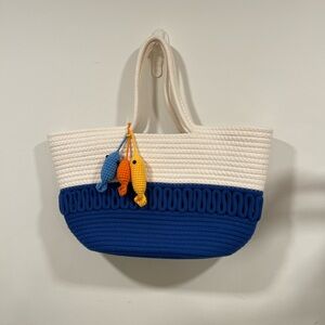 Blue and White Rope Tote Bag large size with Fish Charms